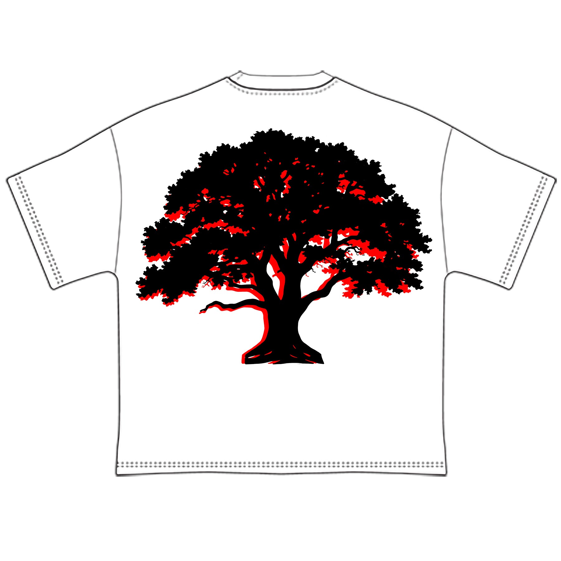 White t-shirt with a black and red tree design on a white background
